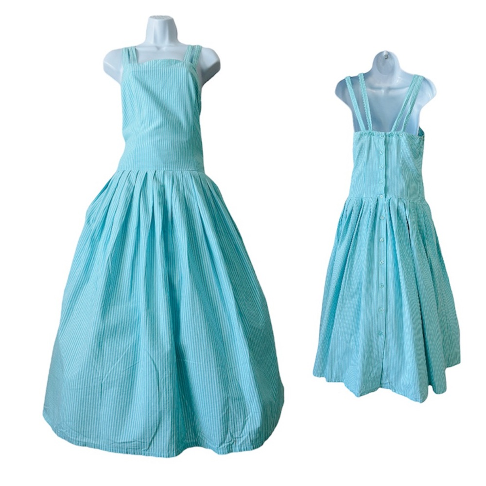 Vintage Turquoise & White Striped A-line Pleated Strappy Dress With Pockets 6
